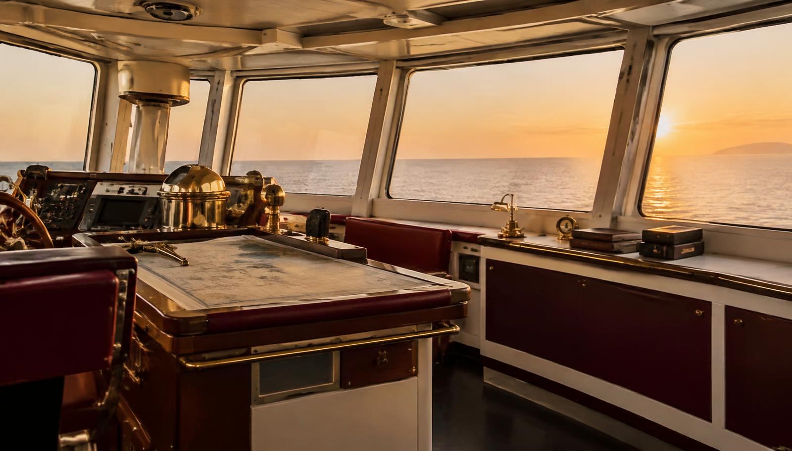 Ship bridge with brass instruments at golden hour