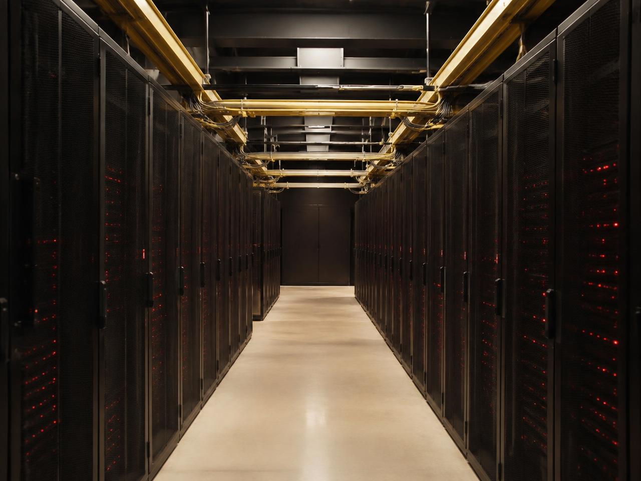 Corridor of dark server racks with red indicator lights and brass cable trays