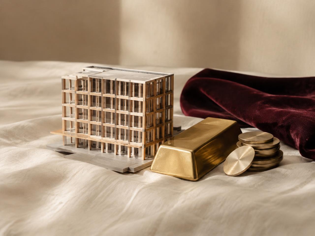 Architectural model beside a gold bar and brass tokens on linen