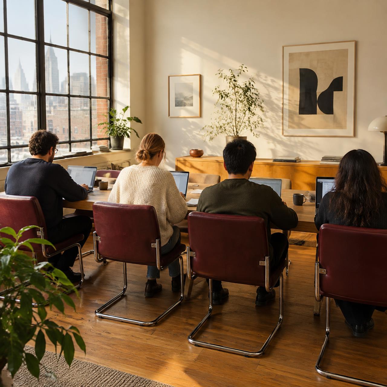 Engineers working at a long table in a sunlit loft